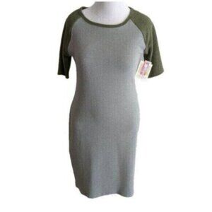 LuLaRoe Julia Dress Large NWT $45 Gray Olive Green Raglan Sleeves Stretch